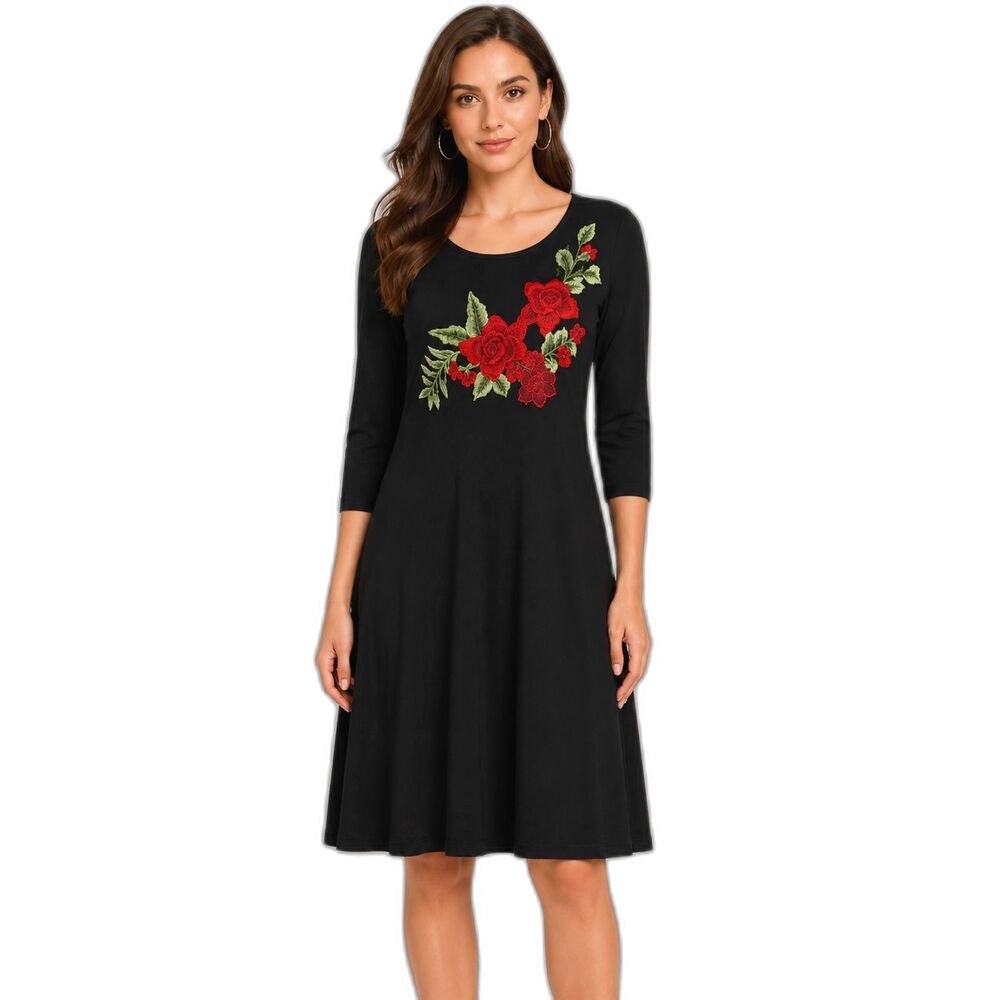 SJS Made in USA Black Floral Embroidered Dress – Size M Stretch